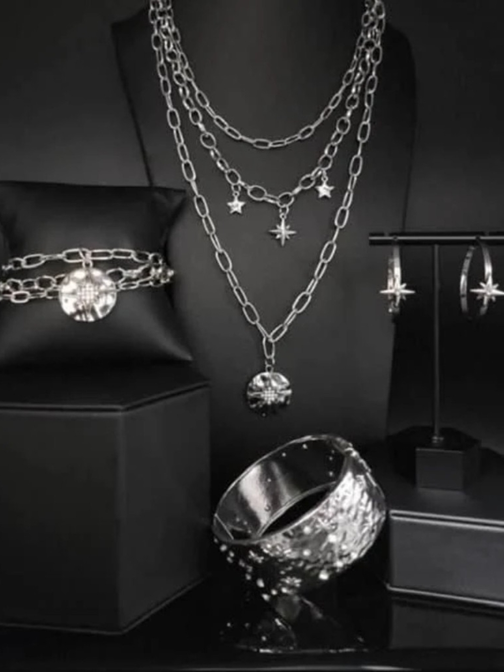 Silver Multi-Layer Star Necklace Earrings And Bracelets Set
